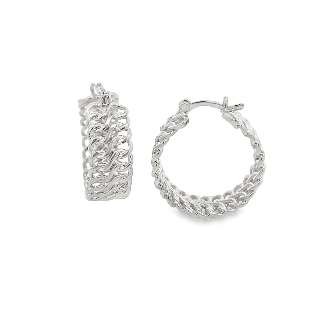 A pair of shiny sterling silver hoop earrings features an intricate woven chain design against a clean white background.
