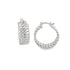 A pair of shiny sterling silver hoop earrings features an intricate woven chain design against a clean white background.