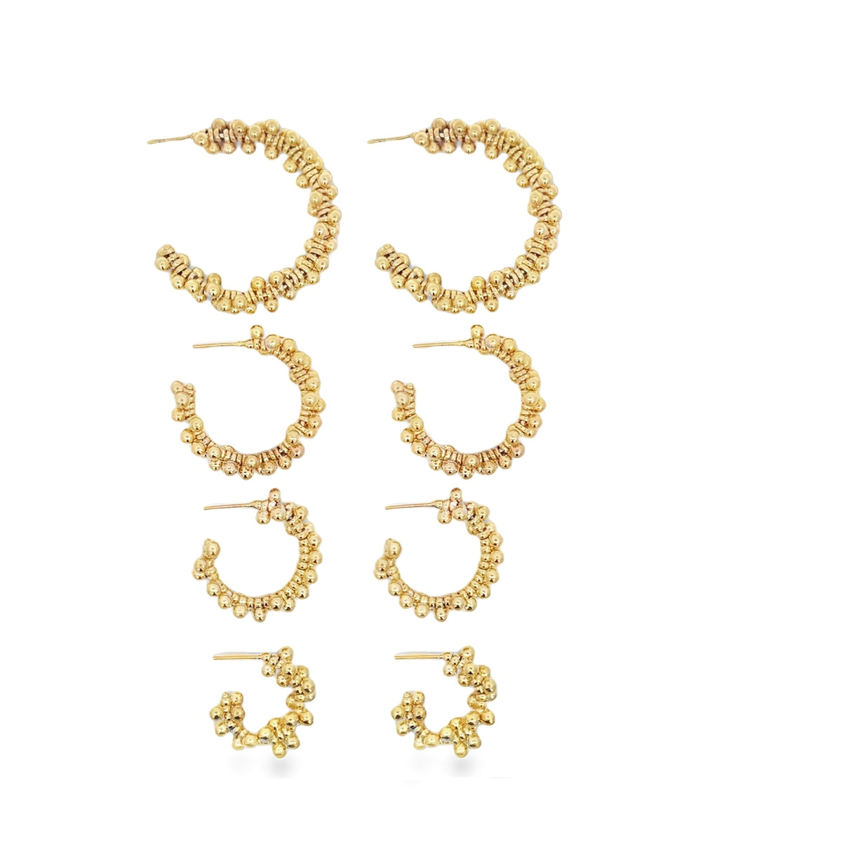Four pairs of graduated gold textured hoop earrings are arranged neatly in descending order against a white background.