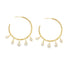 A pair of gold-plated hoop earrings features textured, wrapped metal bands dangling with sparkling bezel-set crystal charms against a clean white background.
