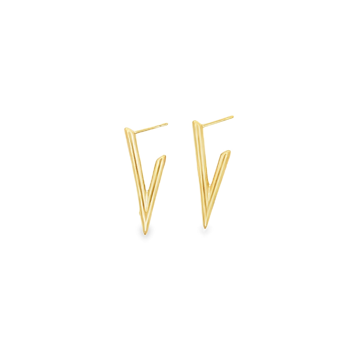 A pair of modern V-shaped gold stud earrings resting against a clean white background.