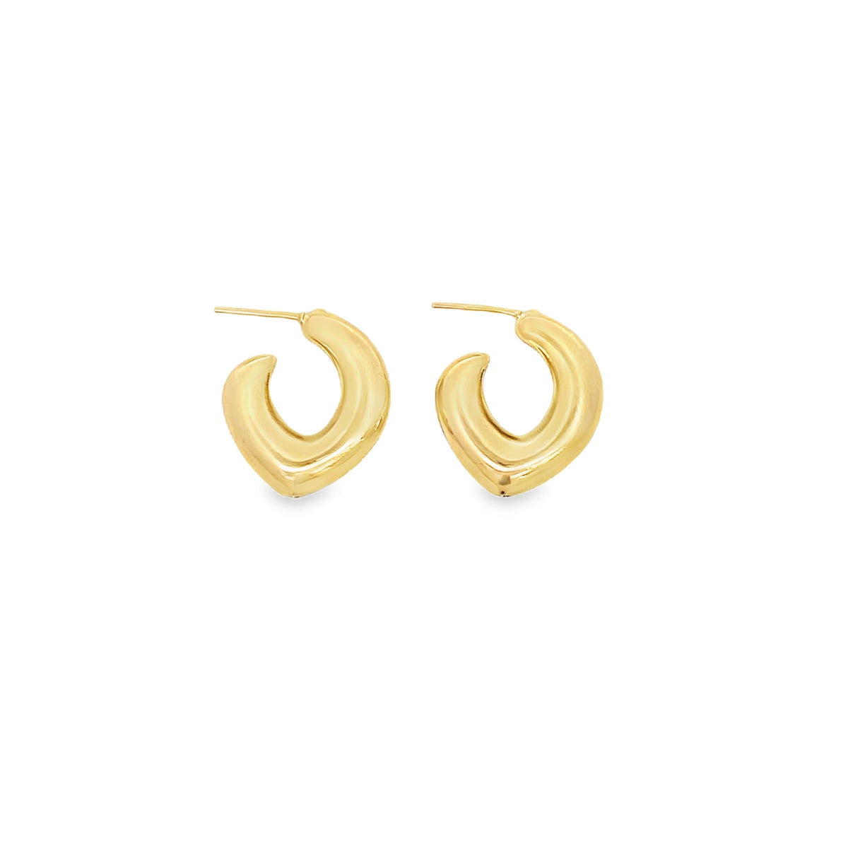 A pair of shiny gold chunky hoop earrings rests against a clean white background.