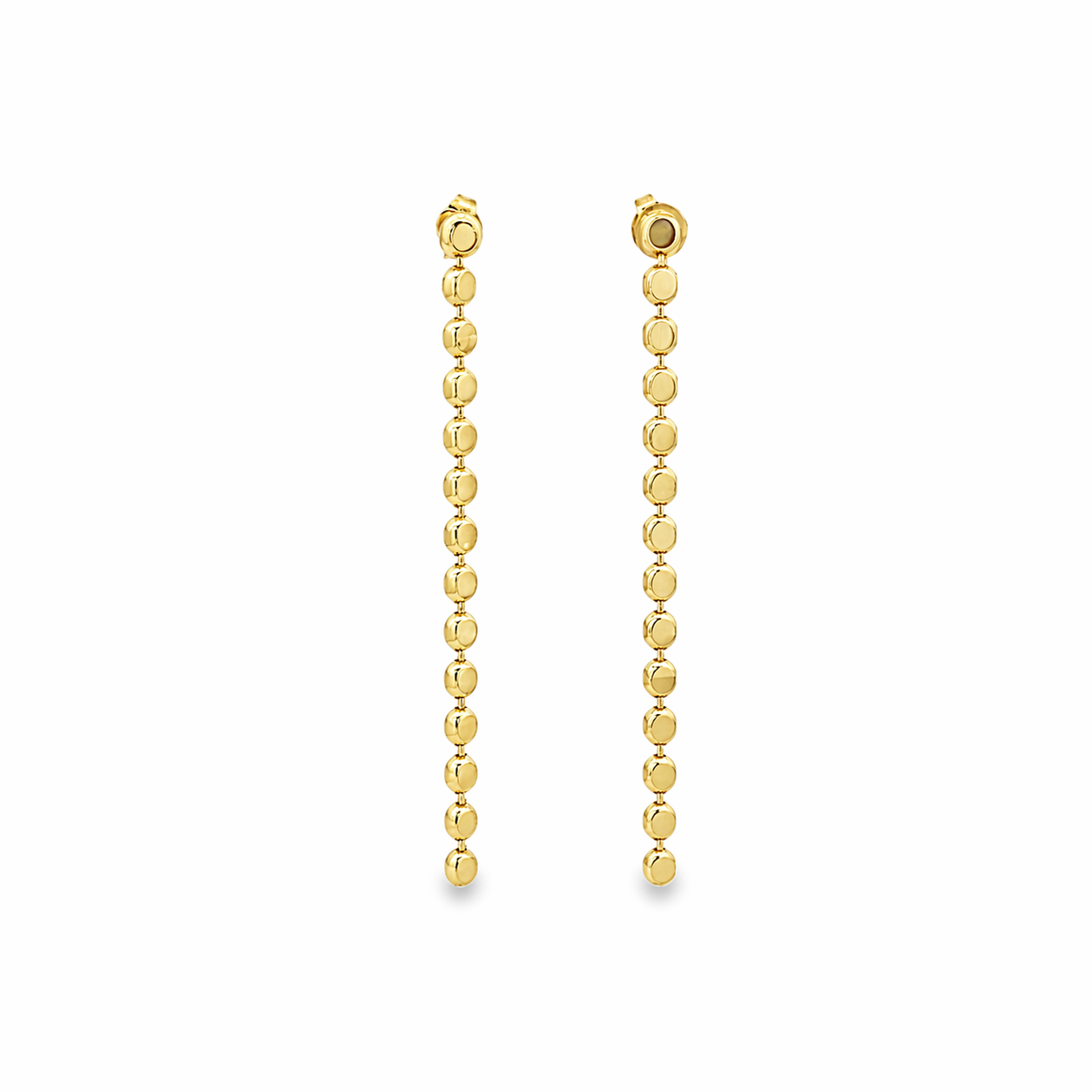 Elegant disc chain drop earrings in gold and silver. Available in small and long sizes. Lightweight, modern, and perfect for everyday wear.