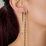 Elegant disc chain drop earrings in gold and silver. Available in small and long sizes. Lightweight, modern, and perfect for everyday wear.