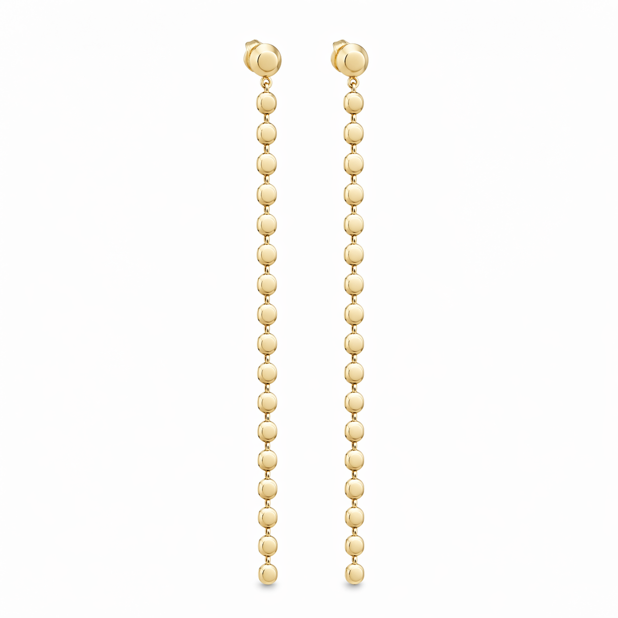Elegant disc chain drop earrings in gold and silver. Available in small and long sizes. Lightweight, modern, and perfect for everyday wear.