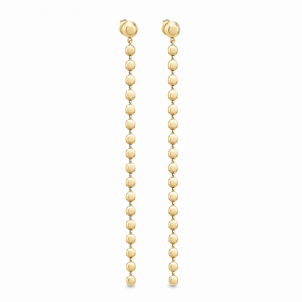 Elegant disc chain drop earrings in gold and silver. Available in small and long sizes. Lightweight, modern, and perfect for everyday wear.