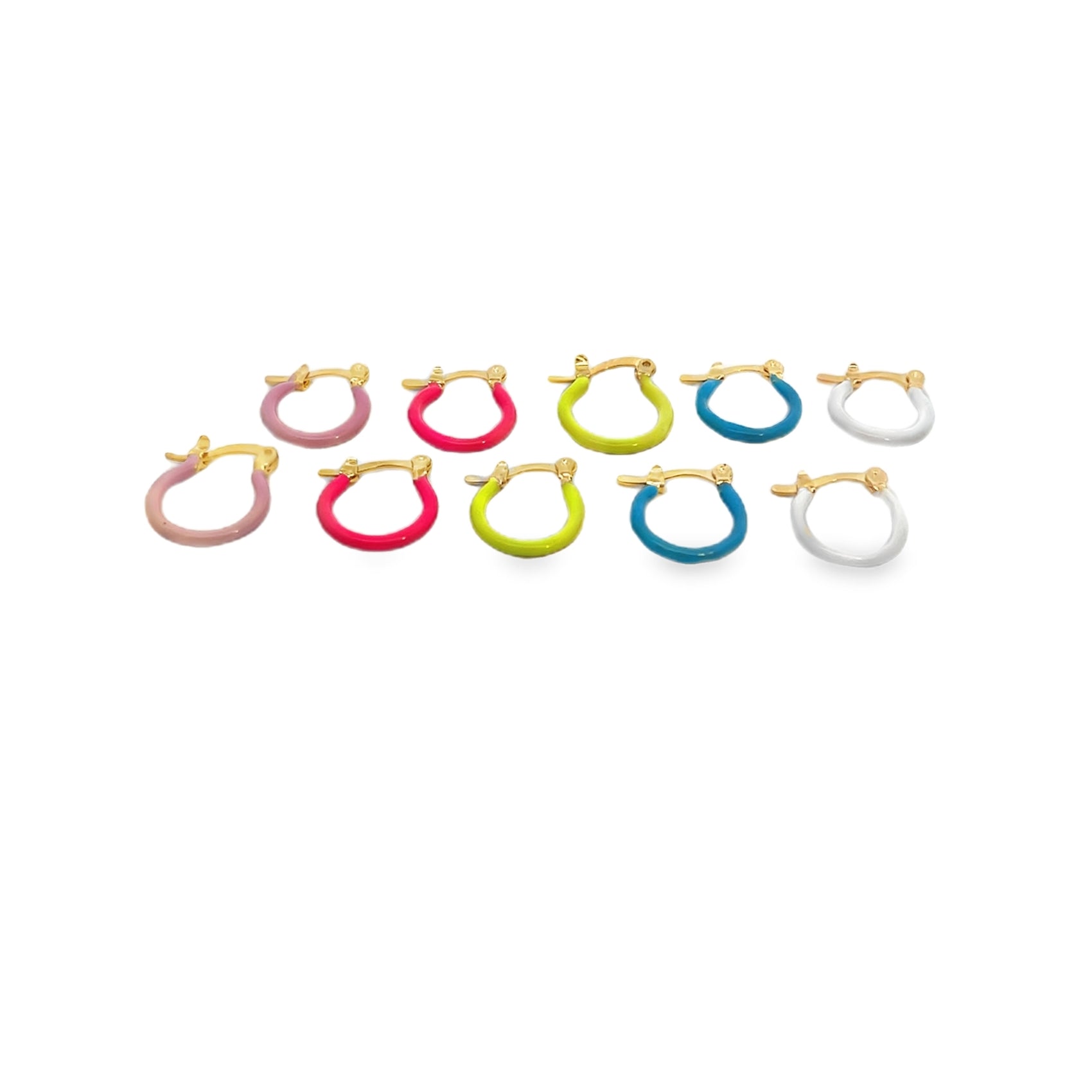 A collection of colorful enamel gold hoop earrings arranged in two rows on a white background.