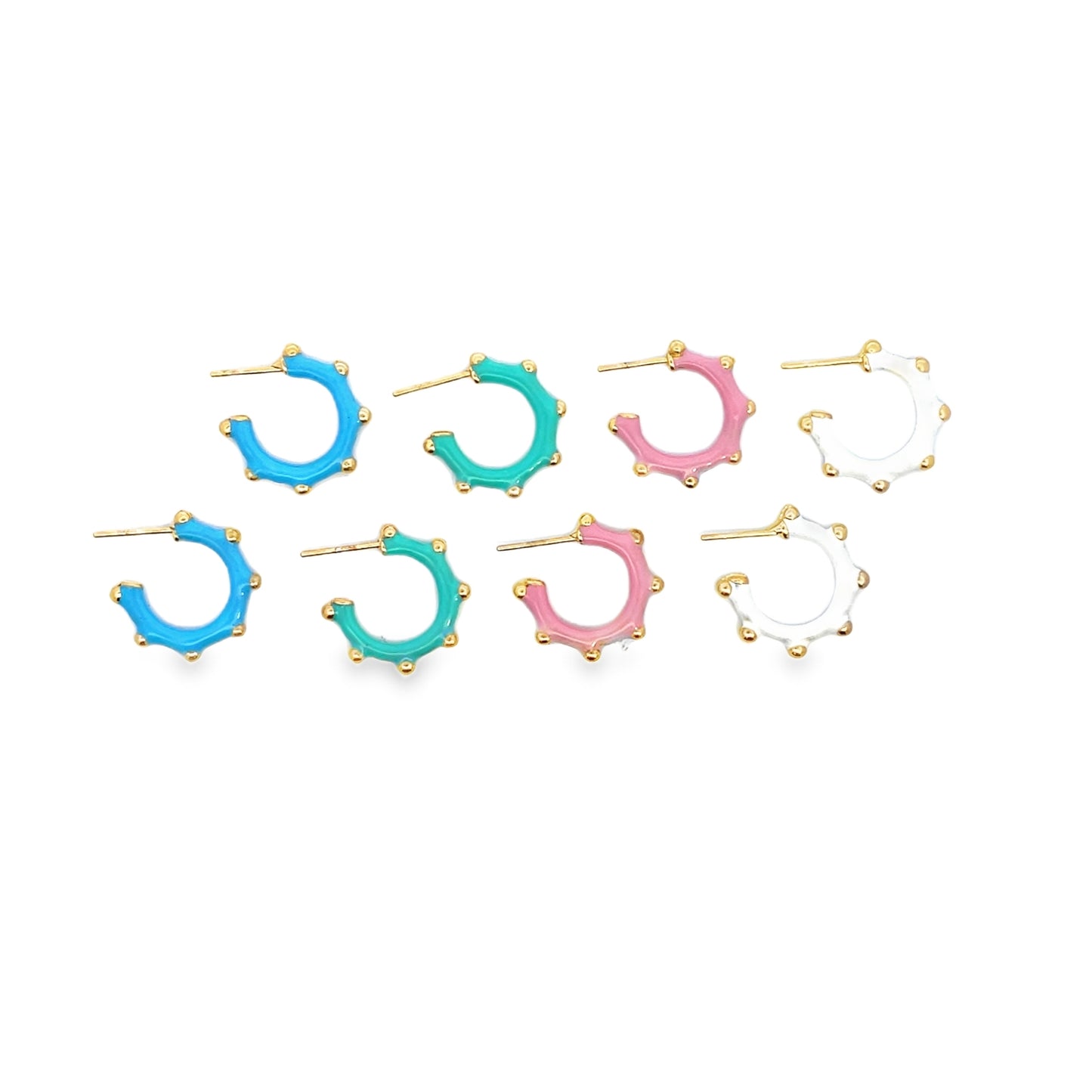Four pairs of colorful enamel hoop earrings in blue, turquoise, pink, and white feature playful gold bead accents arranged neatly on a white background.
