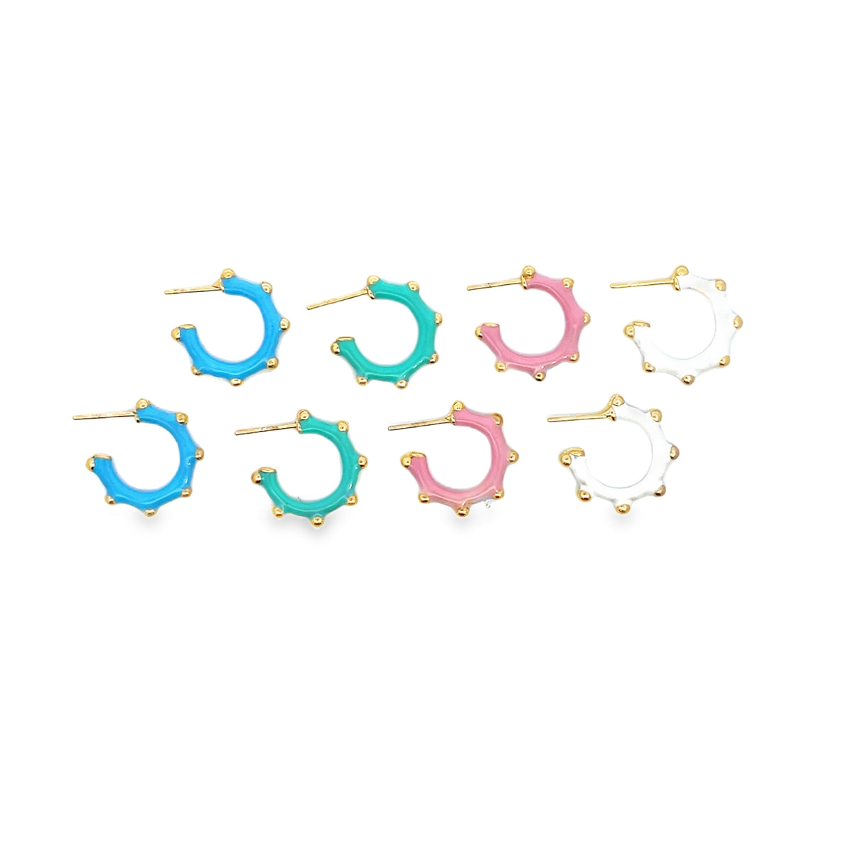 Four pairs of colorful enamel hoop earrings in blue, turquoise, pink, and white feature playful gold bead accents arranged neatly on a white background.