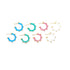 Four pairs of colorful enamel hoop earrings in blue, turquoise, pink, and white feature playful gold bead accents arranged neatly on a white background.