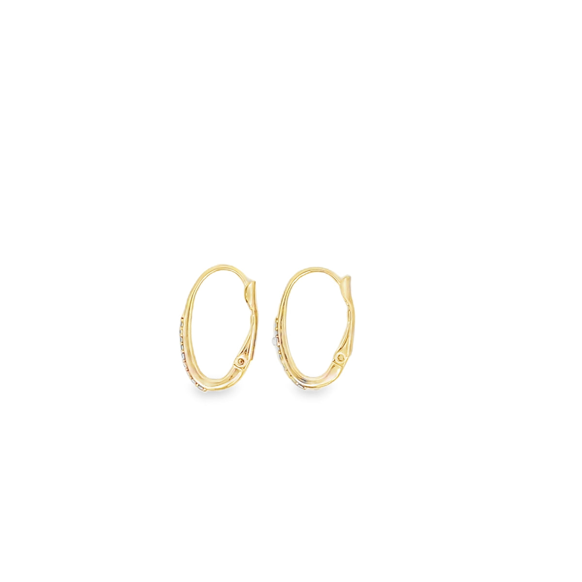 A pair of elegant gold hoop earrings gleams against a clean white background.