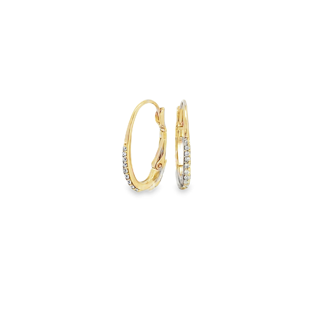 A pair of elegant gold hoop earrings features sparkling diamond pavé accents along the front edge.