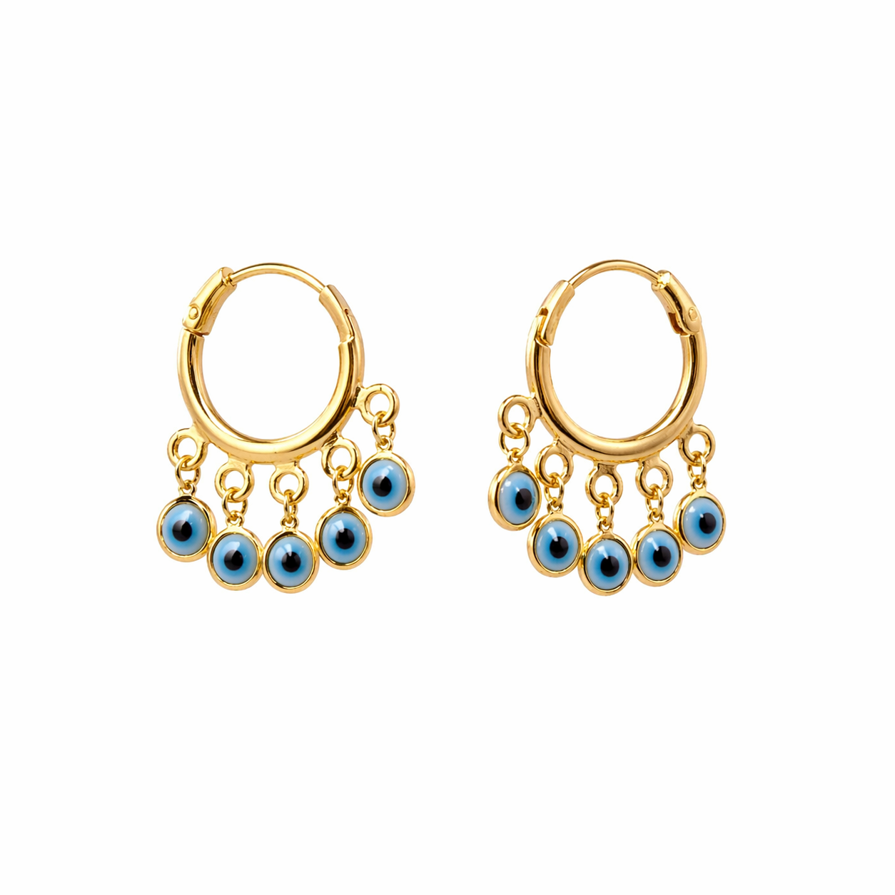 Stylish 18K gold filled evil eye charm earrings. Tarnish-resistant, lightweight and perfect for everyday wear with a meaningful touch.