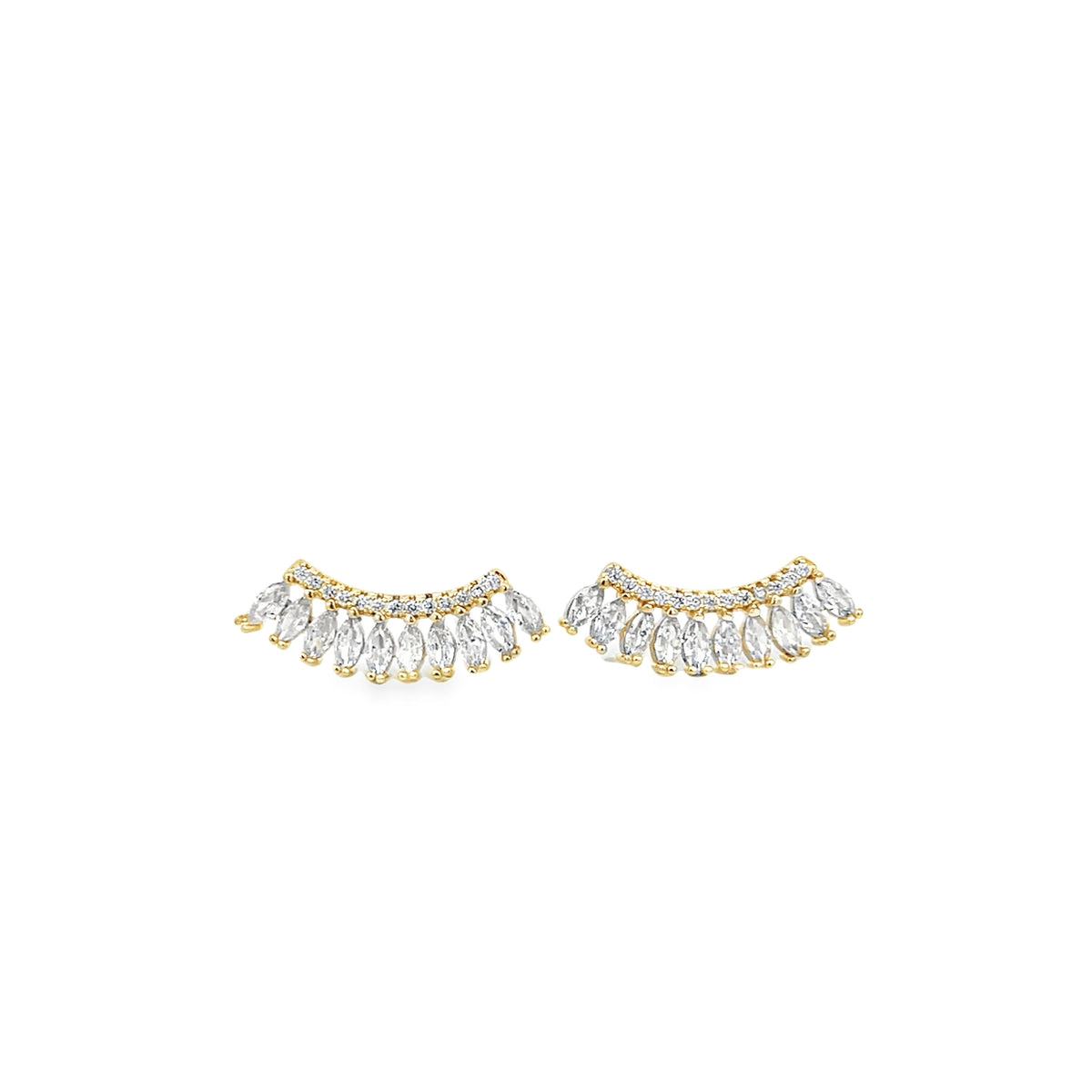 A pair of curved gold earrings sparkles with marquise-cut diamonds arranged in a delicate fan design against a white background.