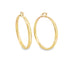 A pair of polished yellow gold hoop earrings gleams against a clean white background.