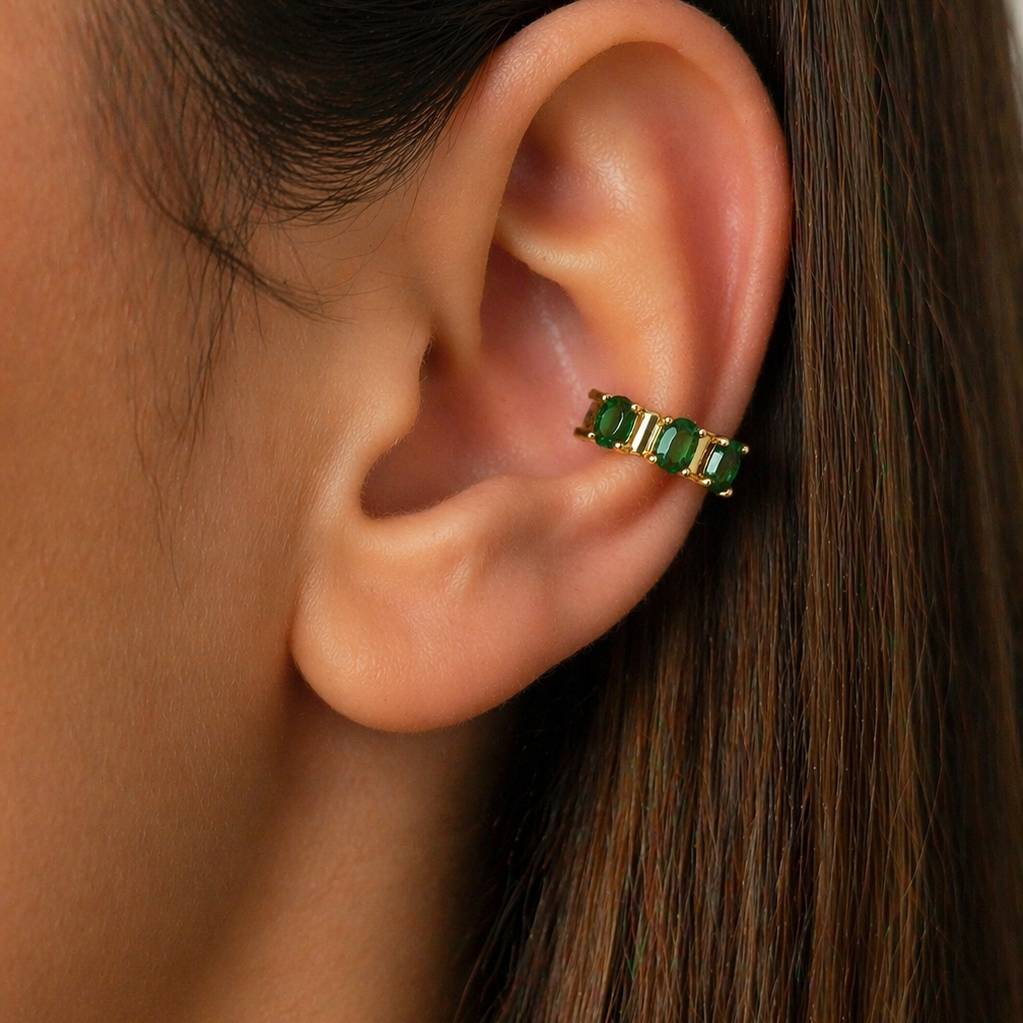 Stylish ear cuff with colorful oval CZ stones. No piercing needed. finishes. Perfect for stacking.