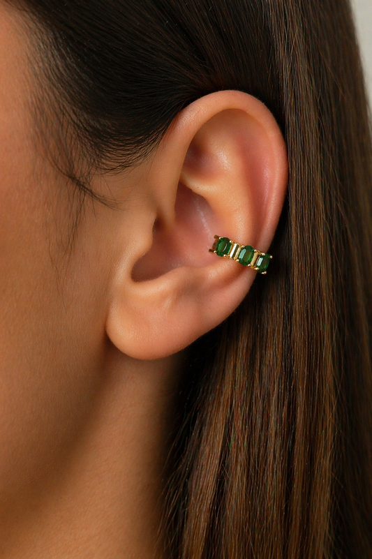 Stylish ear cuff with colorful oval CZ stones. No piercing needed. finishes. Perfect for stacking.