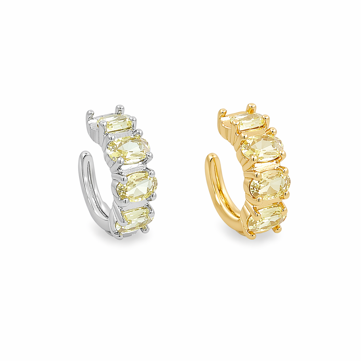 Stylish ear cuff with colorful oval CZ stones. No piercing needed. finishes. Perfect for stacking.