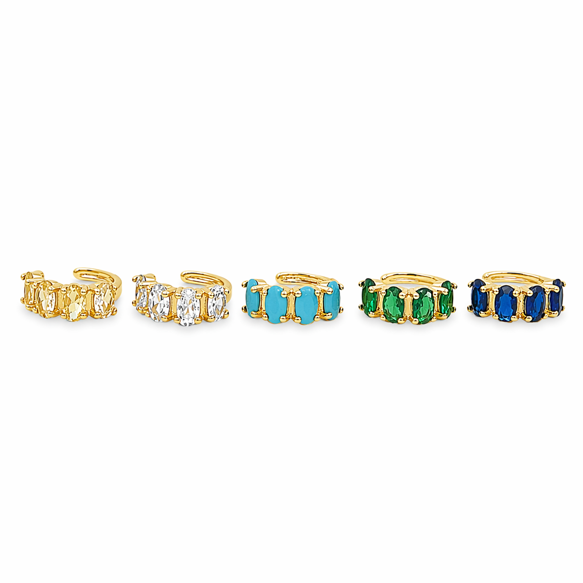 Stylish ear cuff with colorful oval CZ stones. No piercing needed. finishes. Perfect for stacking.