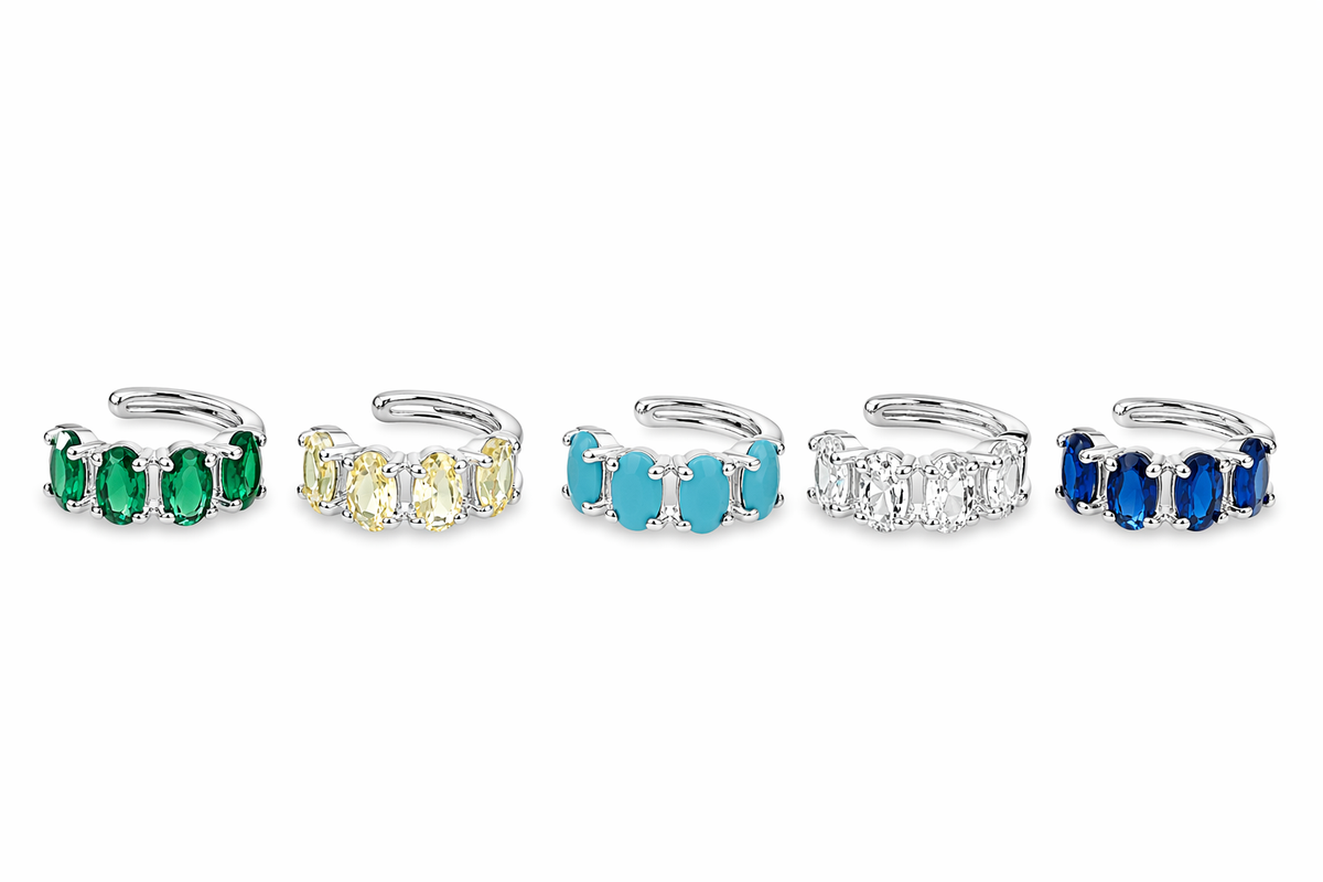 Stylish ear cuff with colorful oval CZ stones. No piercing needed. finishes. Perfect for stacking.
