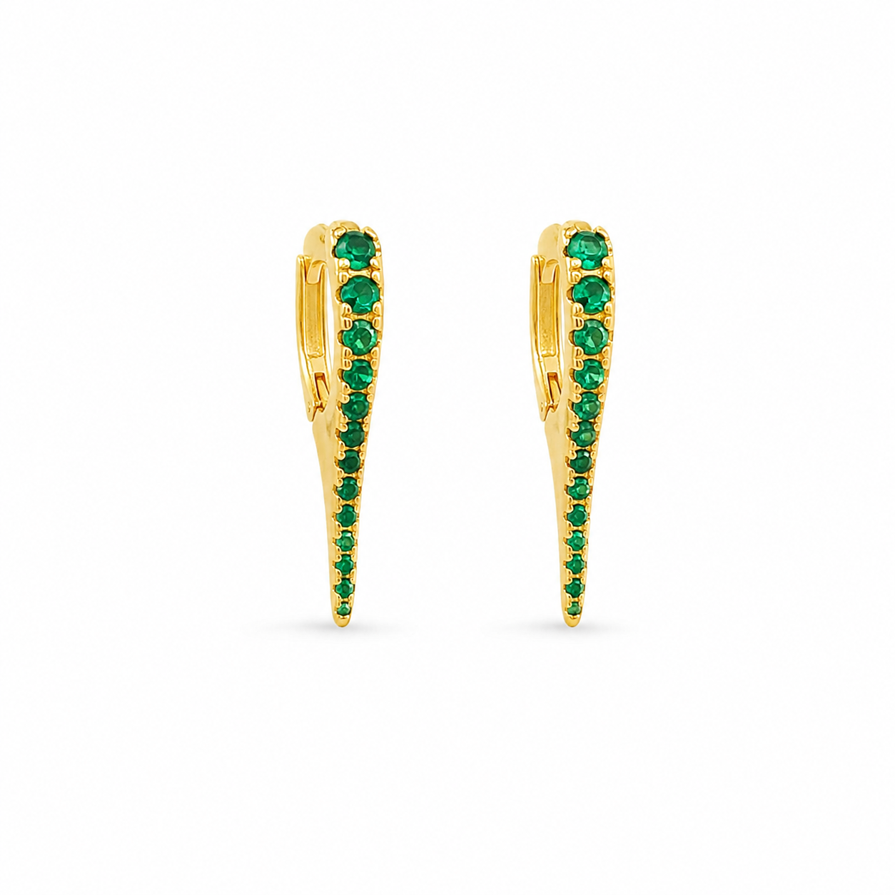 Premium Gold Filled spike huggie earrings featuring brilliant cubic zirconia. Available in Emerald Green, Turquoise, Clear, and Sapphire Blue for a modern everyday look.