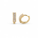Elegant 18K Gold Filled huggie hoop earrings featuring baguette-cut cubic zirconia. Available in clear, emerald, turquoise, sapphire blue and fuchsia. Perfect for everyday wear.