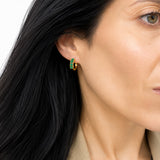 Elegant 18K Gold Filled huggie hoop earrings featuring baguette-cut cubic zirconia. Available in clear, emerald, turquoise, sapphire blue and fuchsia. Perfect for everyday wear.