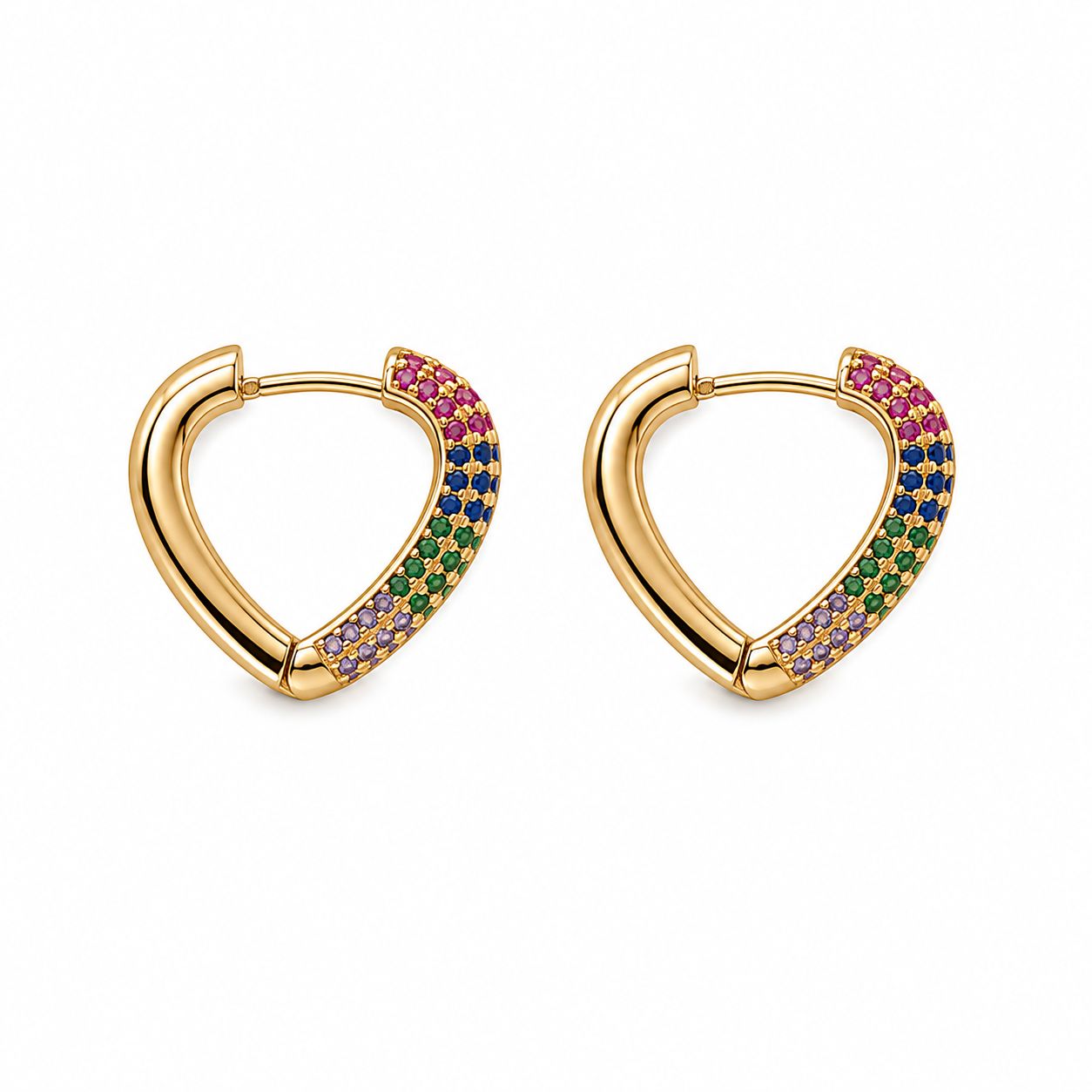 Add a pop of color with these 18K Gold Filled rainbow heart hoop earrings featuring sparkling multicolor cubic zirconia pavé. Lightweight, hypoallergenic and perfect for everyday wear.