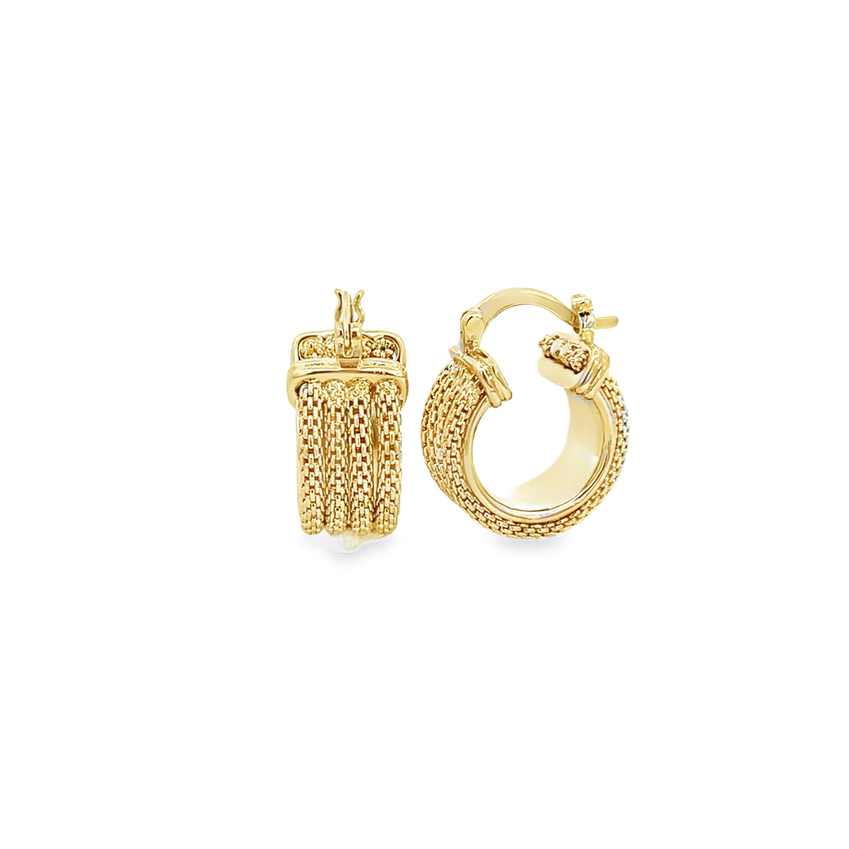 A pair of textured gold hoop earrings displays an intricate woven mesh design against a clean white background.