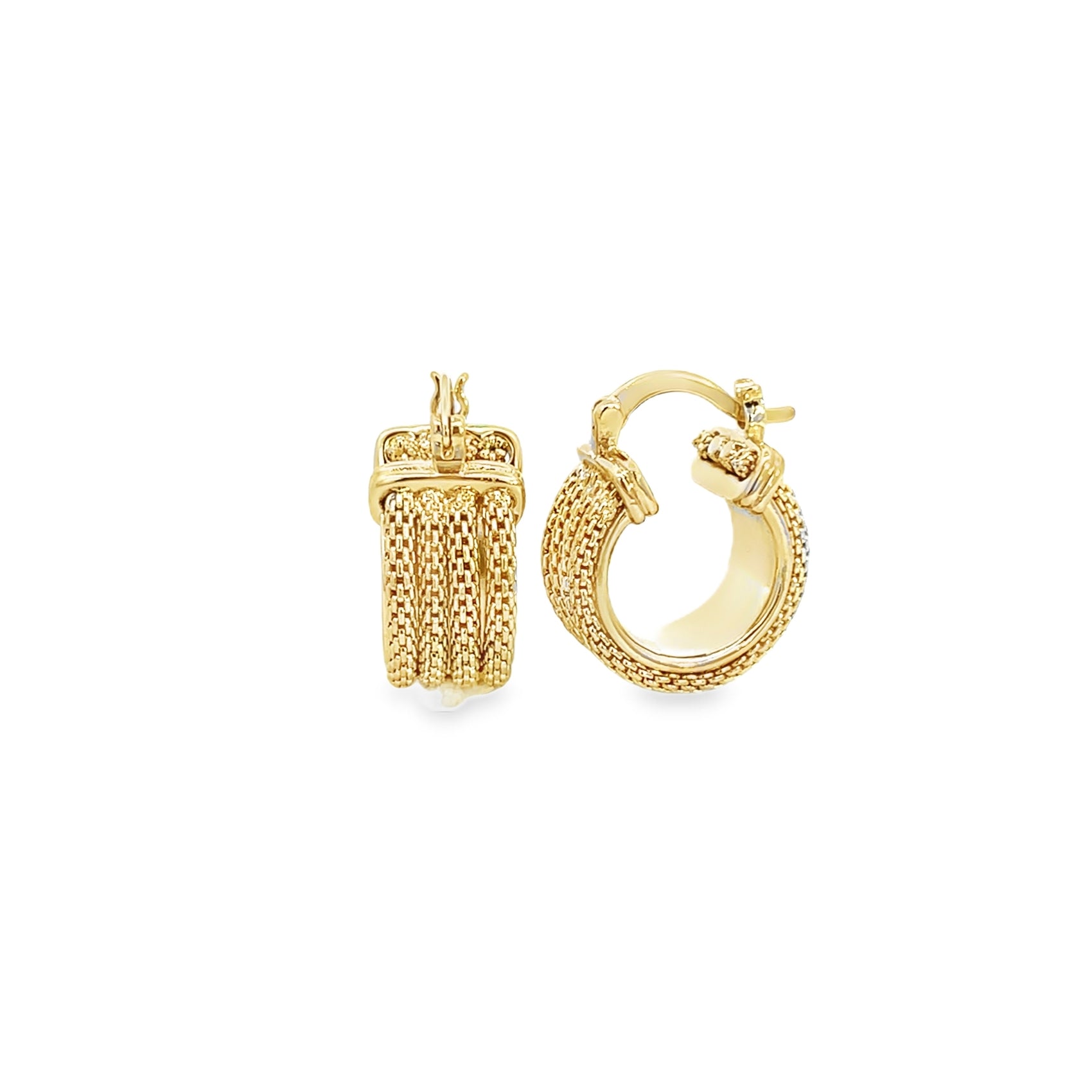 A pair of textured gold hoop earrings displays an intricate woven mesh design against a clean white background.