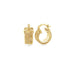 A pair of textured gold hoop earrings displays an intricate woven mesh design against a clean white background.