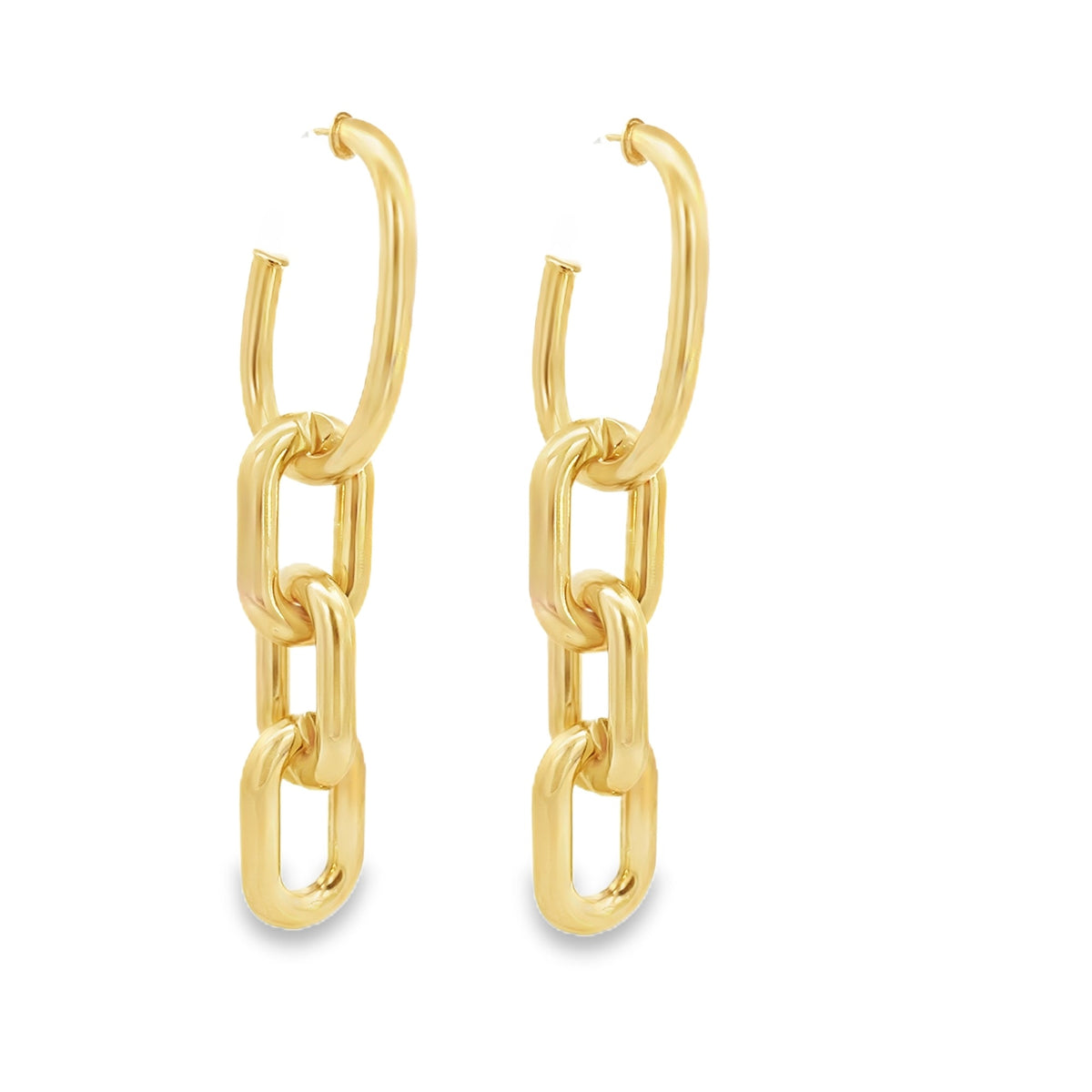 A pair of gleaming gold chain-link hoop earrings hangs vertically against a clean white background.