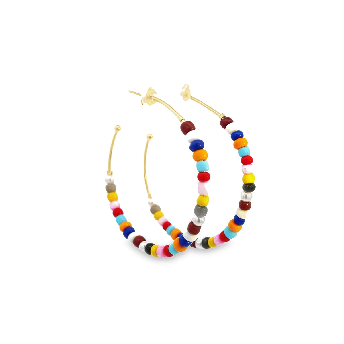 A pair of gold hoop earrings embellished with colorful multicolored seed beads sparkles against a clean white background.