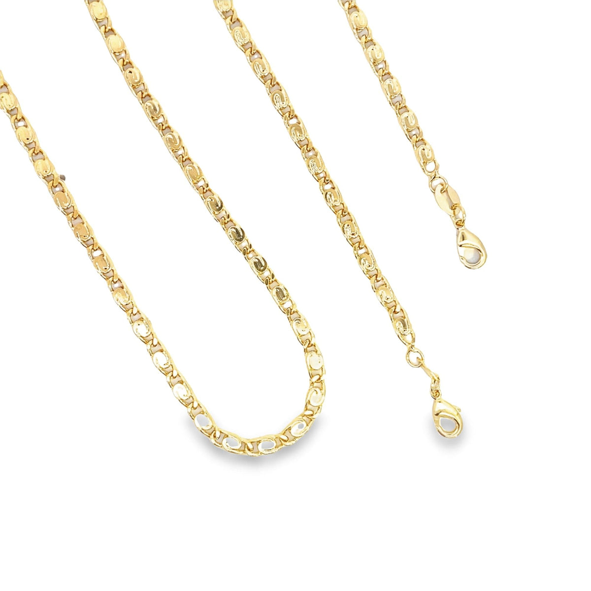 A gleaming yellow gold Byzantine chain necklace rests in loops against a clean white background, showcasing its intricate interwoven links and secure lobster clasp.