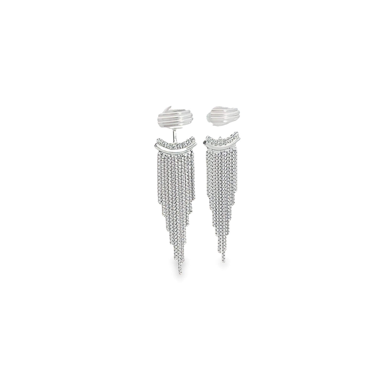 A pair of elegant silver fringe earrings features shimmering diamond studs and cascading chain dangles against a plain white background.
