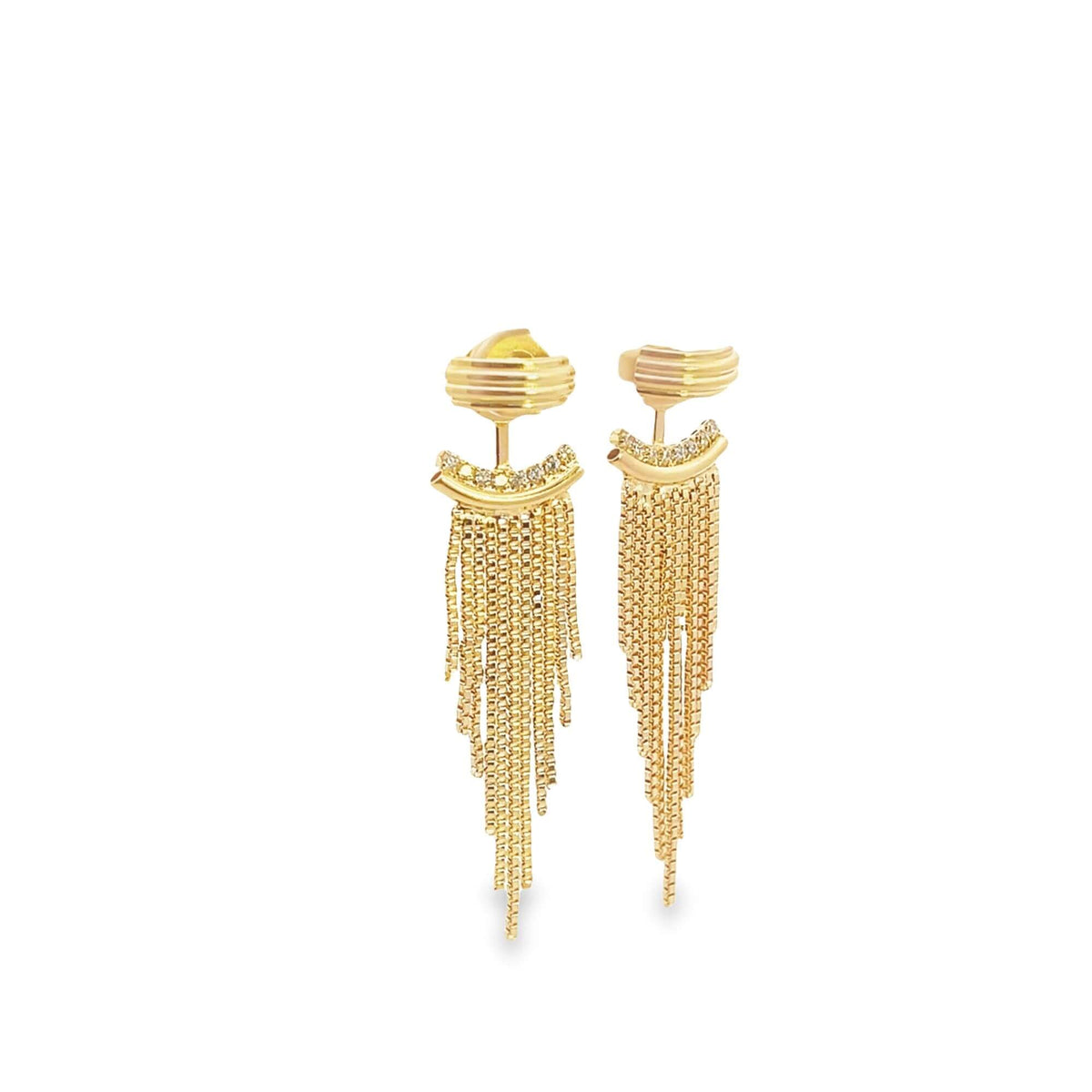 A pair of elegant gold fringe earrings feature sparkling diamond-accented bars and cascading chain tassels.