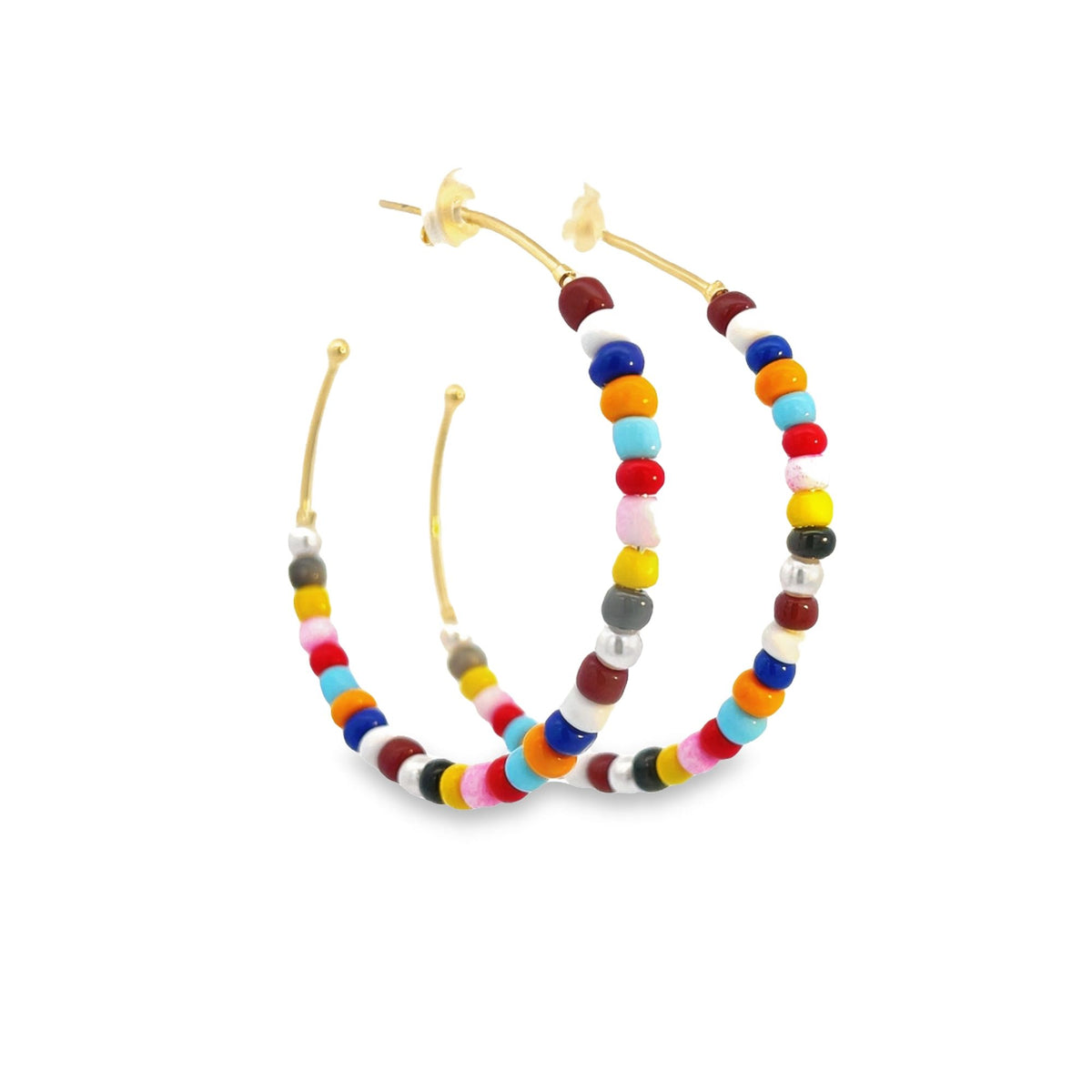 A pair of gold hoop earrings embellished with vibrant, multi-colored seed beads is displayed against a clean white background.