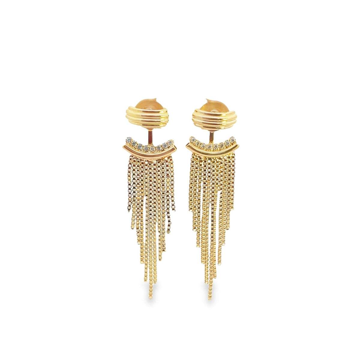 A pair of elegant gold fringe earrings features sparkling diamond accents along the curved top bars and dangling chain tassels.