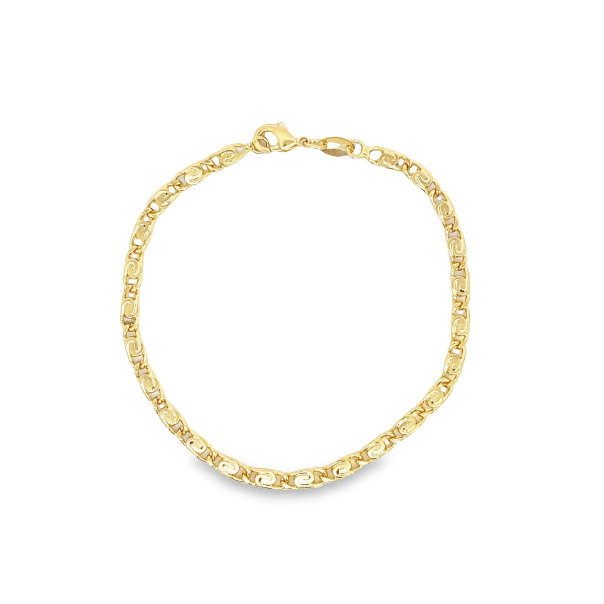 A polished yellow gold link bracelet displays an intricate interlocking design against a clean white background.