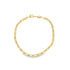 A delicate gold link bracelet rests in a circle on a white background, showcasing its intricate patterned links and clasp.
