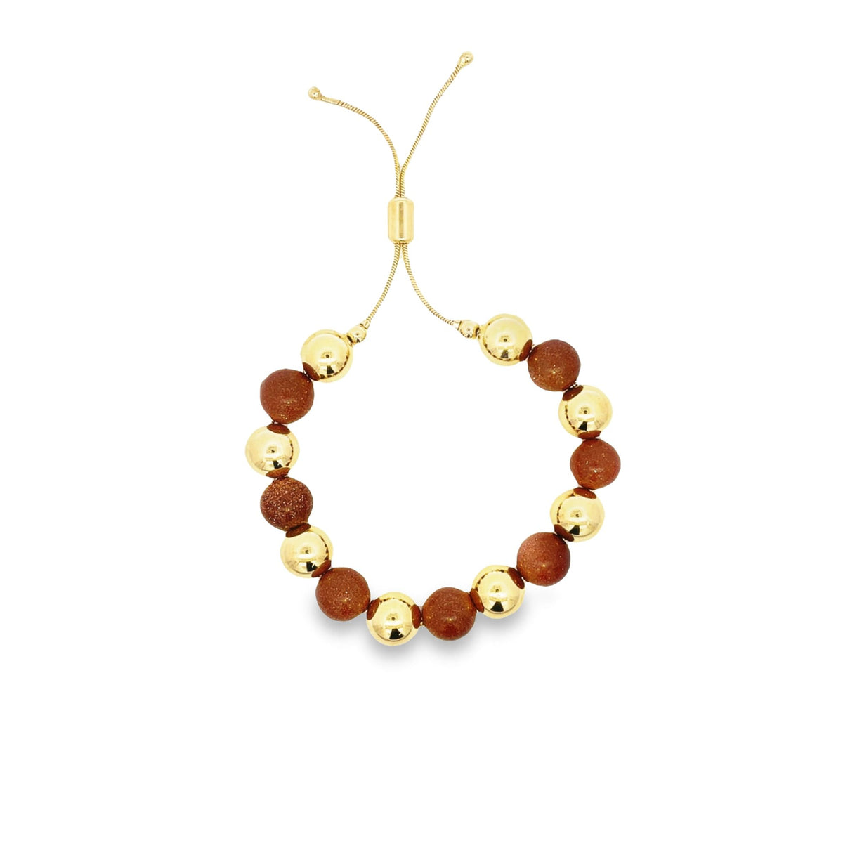 A delicate adjustable gold slider bracelet features alternating shiny gold spheres and sparkling brown sandstone beads against a clean white background.