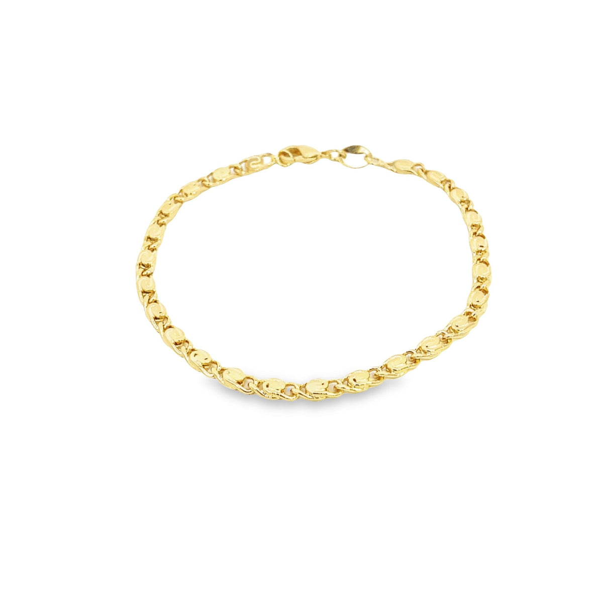 A delicate gold chain bracelet loops neatly against a clean white background.