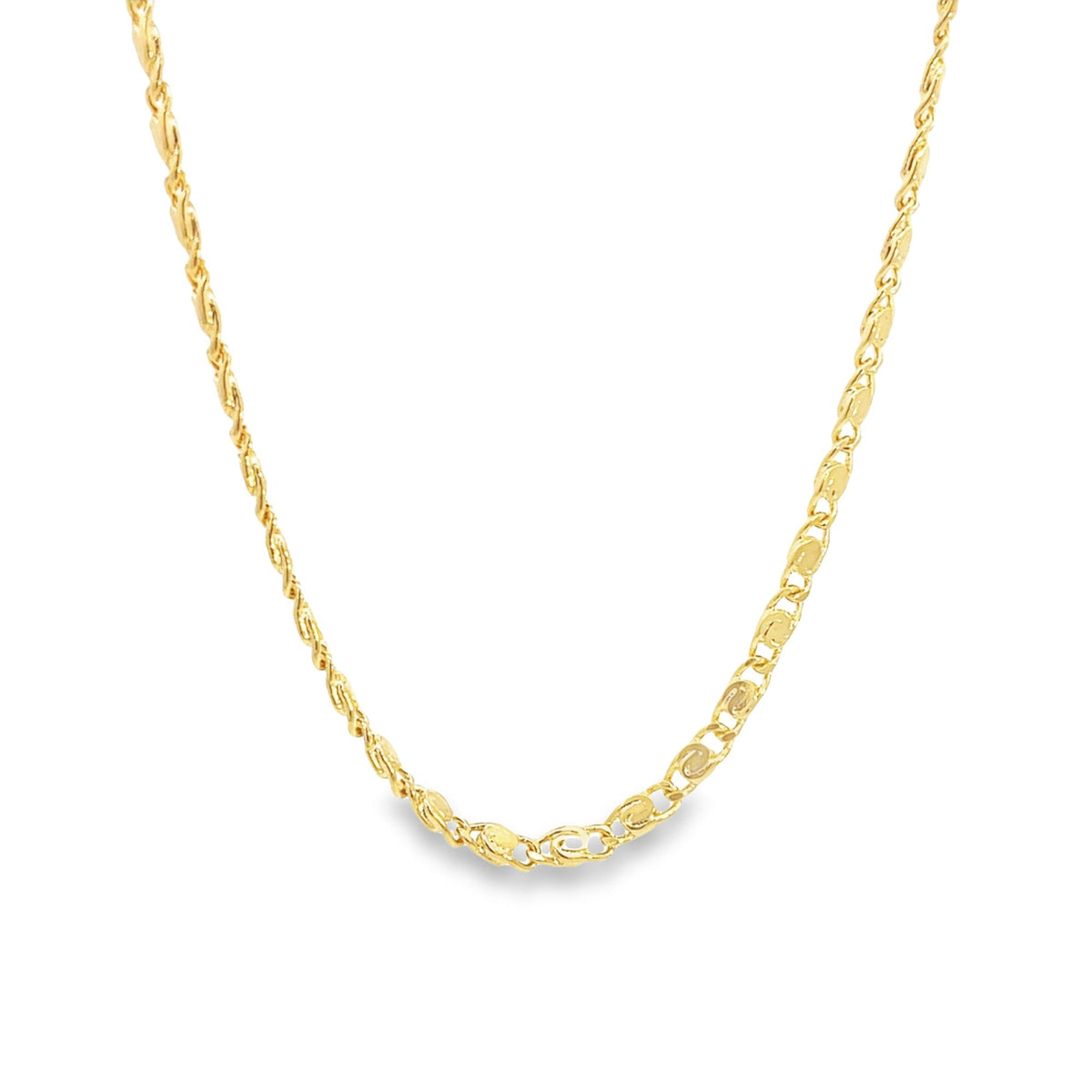 A sleek gold chain necklace drapes gracefully against a clean white background, showcasing its intricate, shimmering links.