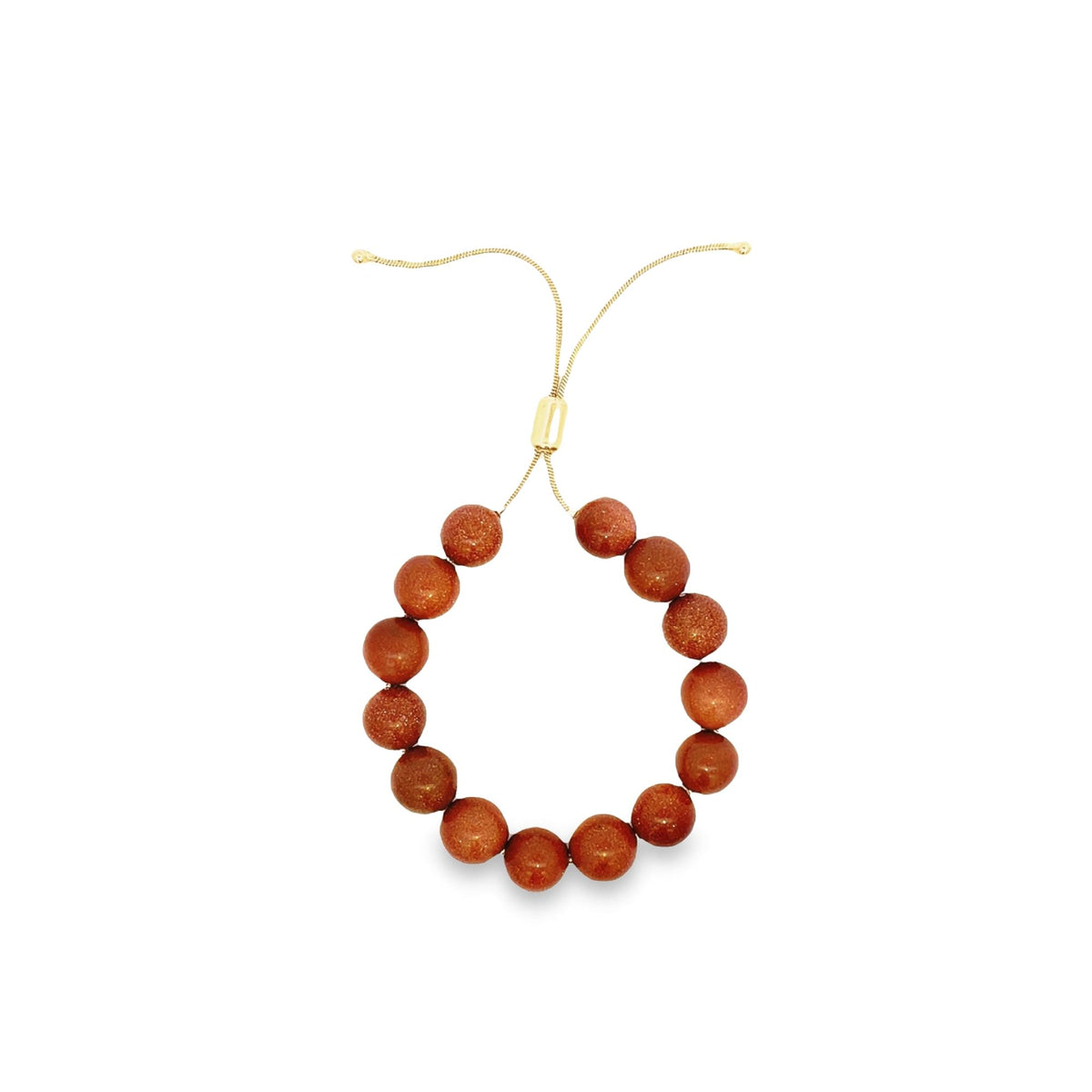 A sparkling brown sunstone beaded bolo bracelet features an adjustable gold chain against a white background.