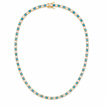 Elegant 3mm CZ tennis necklace with alternating colored and clear bezel stones. Available in gold filled and silver-tone finishes. Perfect for layering or everyday luxury styling.
