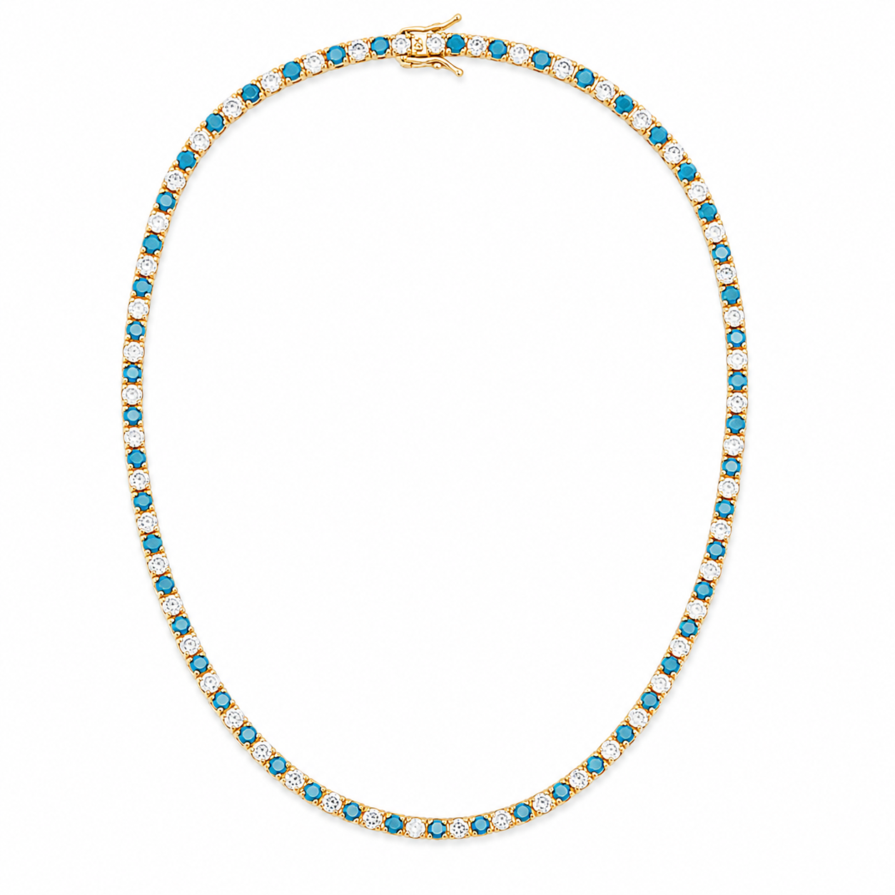 Elegant 3mm CZ tennis necklace with alternating colored and clear bezel stones. Available in gold filled and silver-tone finishes. Perfect for layering or everyday luxury styling.