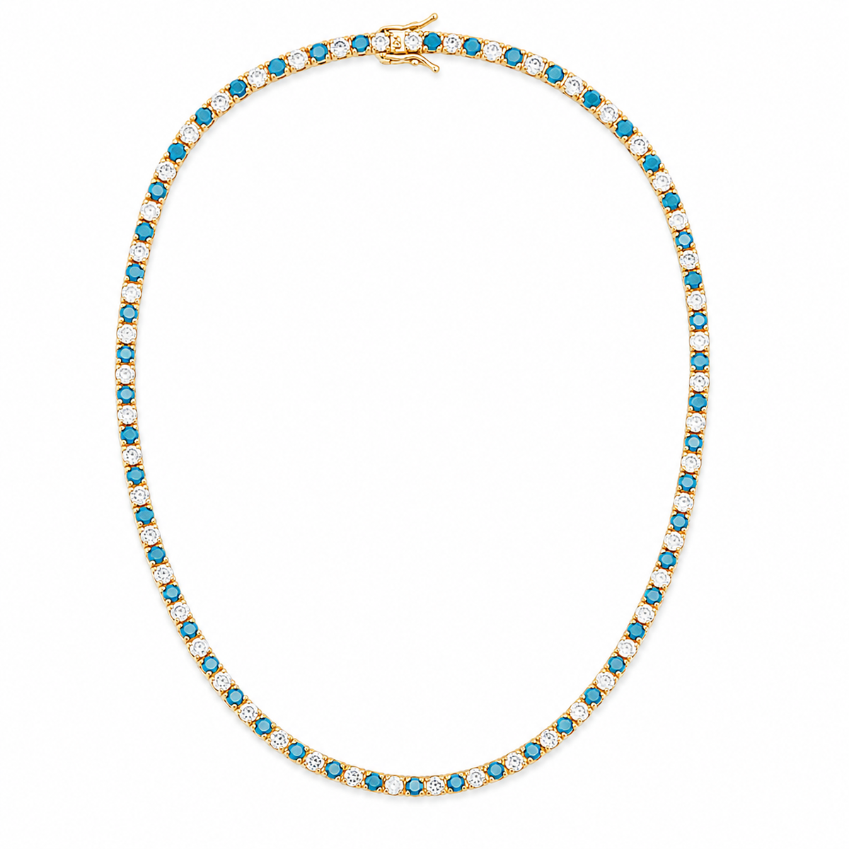 Elegant 3mm CZ tennis necklace with alternating colored and clear bezel stones. Available in gold filled and silver-tone finishes. Perfect for layering or everyday luxury styling.