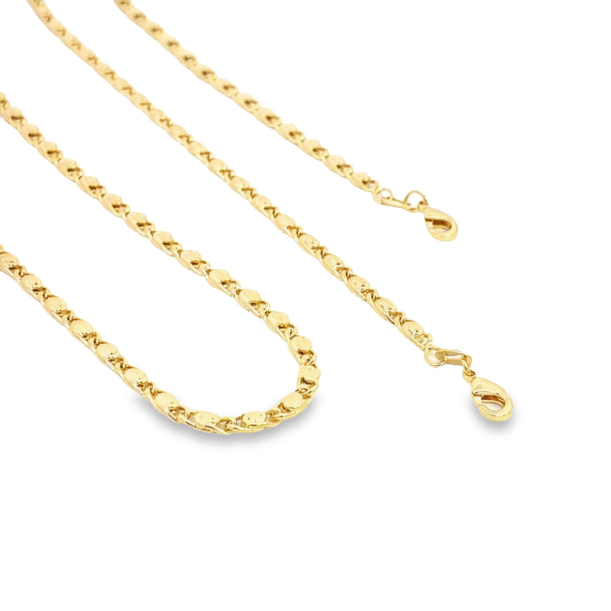 A delicate gold chain necklace with a textured link design rests on a white background, highlighting its lobster clasp.