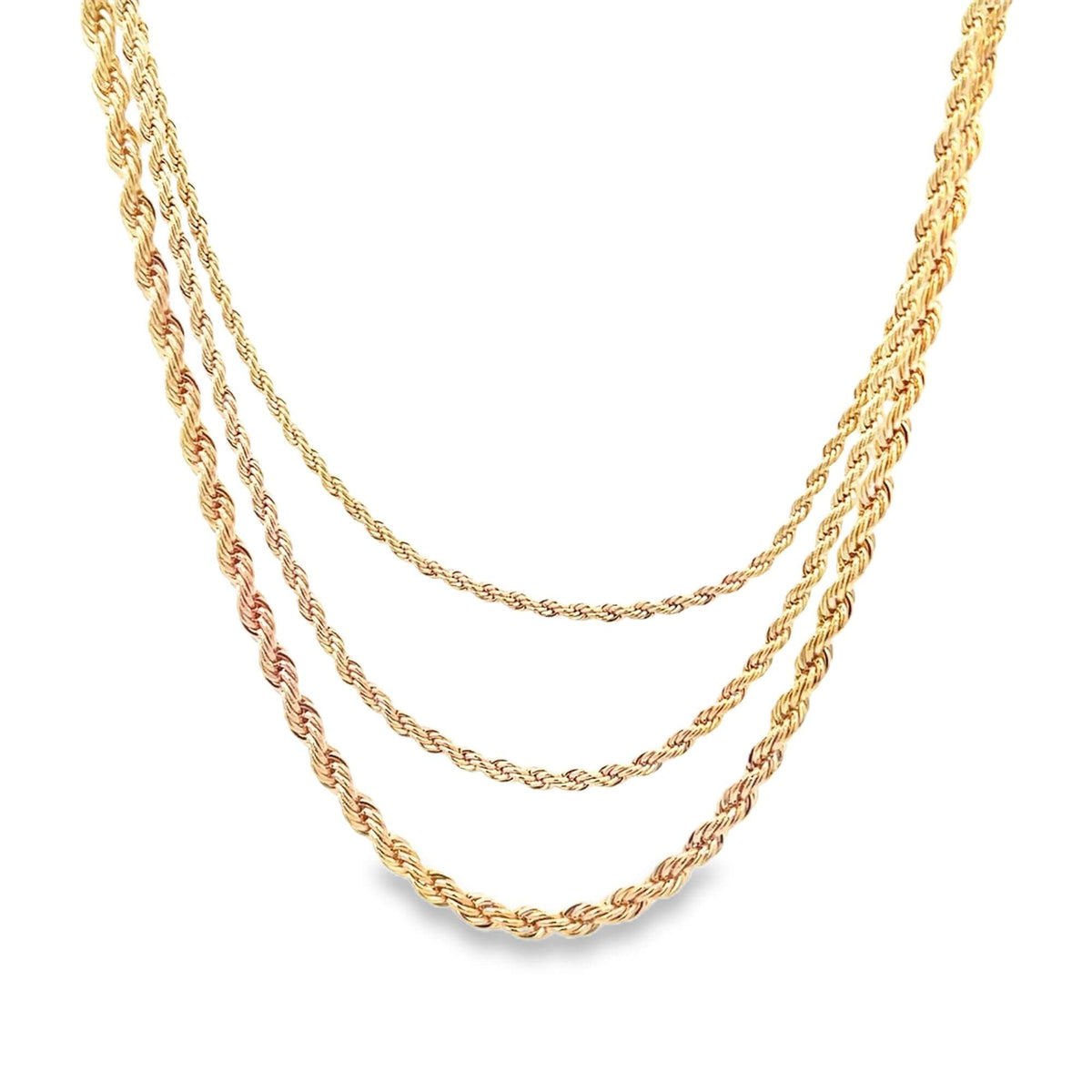 Three layered yellow gold rope chain necklaces display their intricate twisted links against a clean white background.