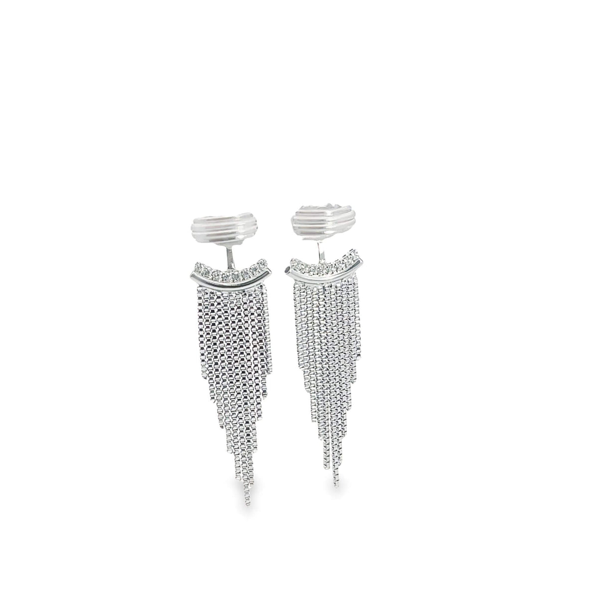 A pair of silver fringe earrings featuring sparkling diamond accents and delicate, dangling chain tassels against a plain white background.